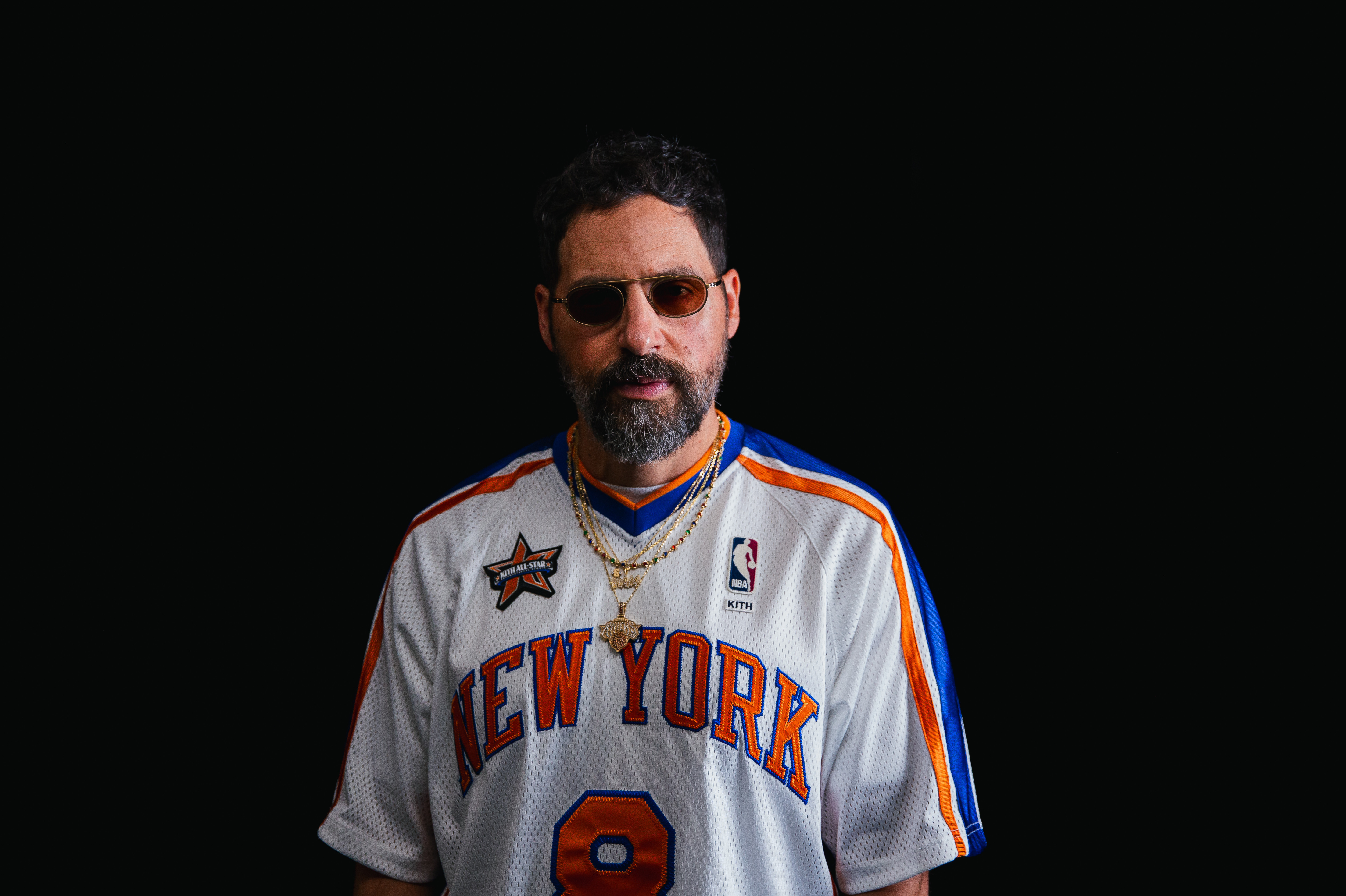 Ronnie Fieg in a Kith x Knicks jersey ahead of his Idea Generation sitdown interview.