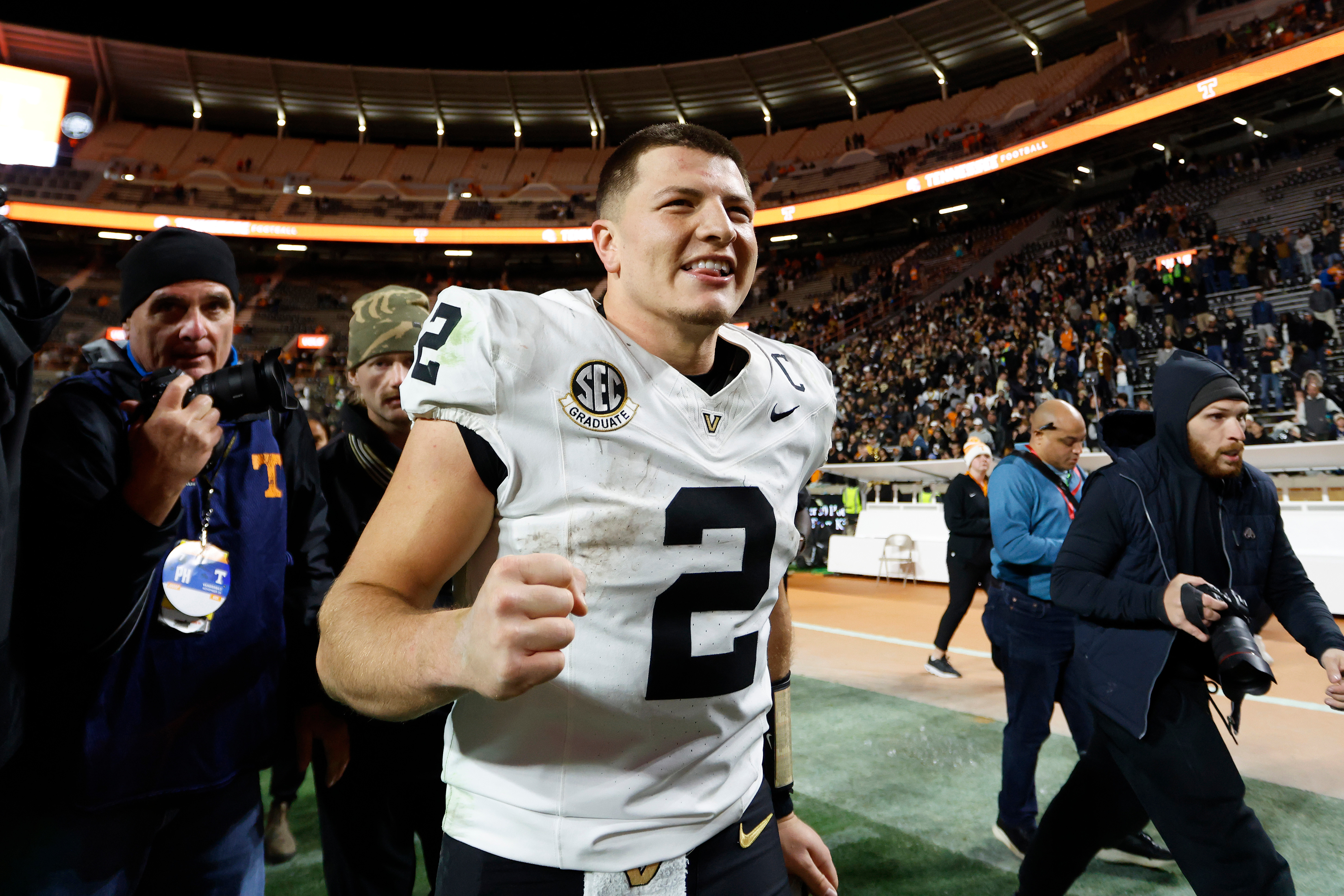 Diego Pavia celebrates after Vanderbilt defeated Tennessee in November 2025. 