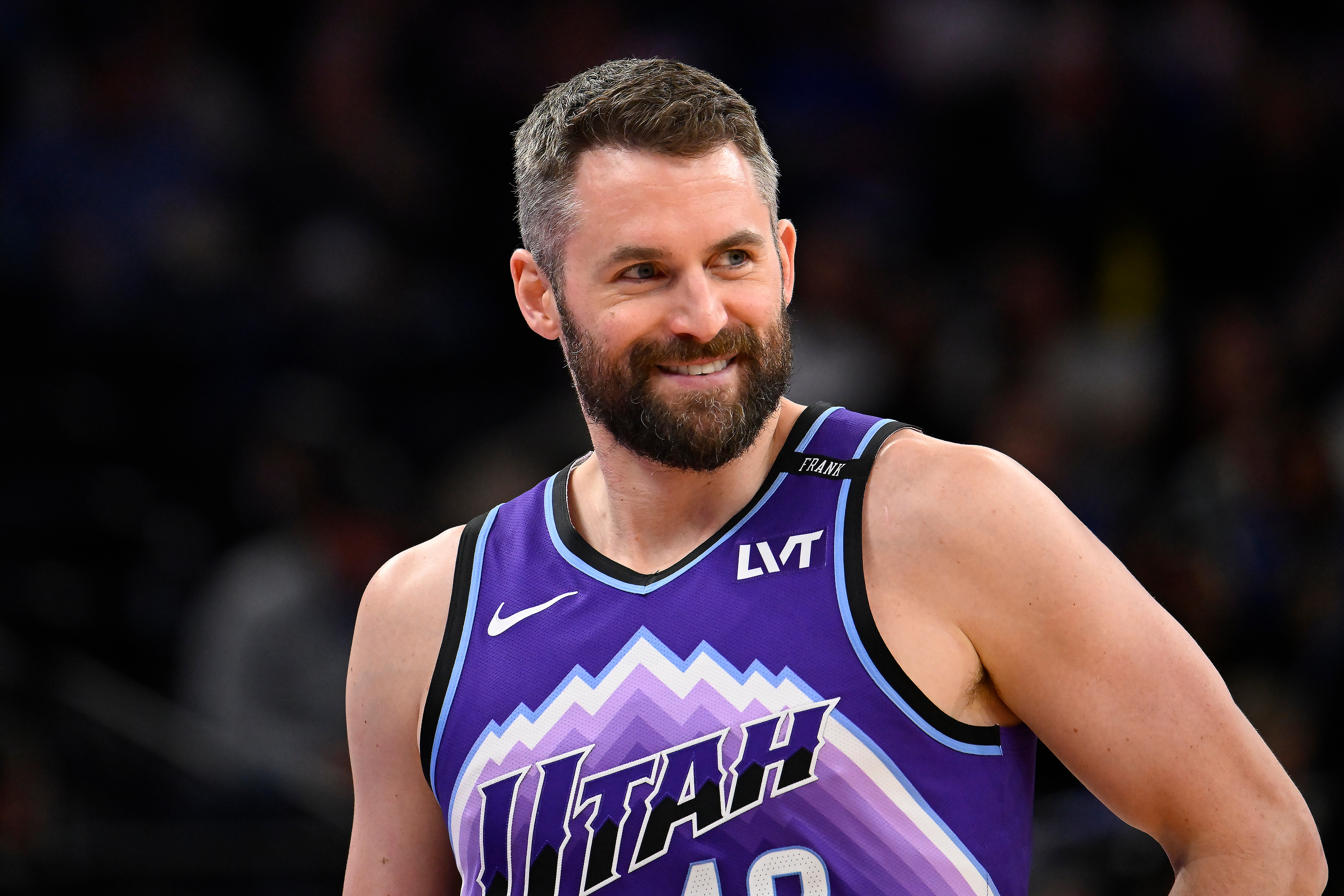 Kevin Love looks on during a Utah Jazz game. 