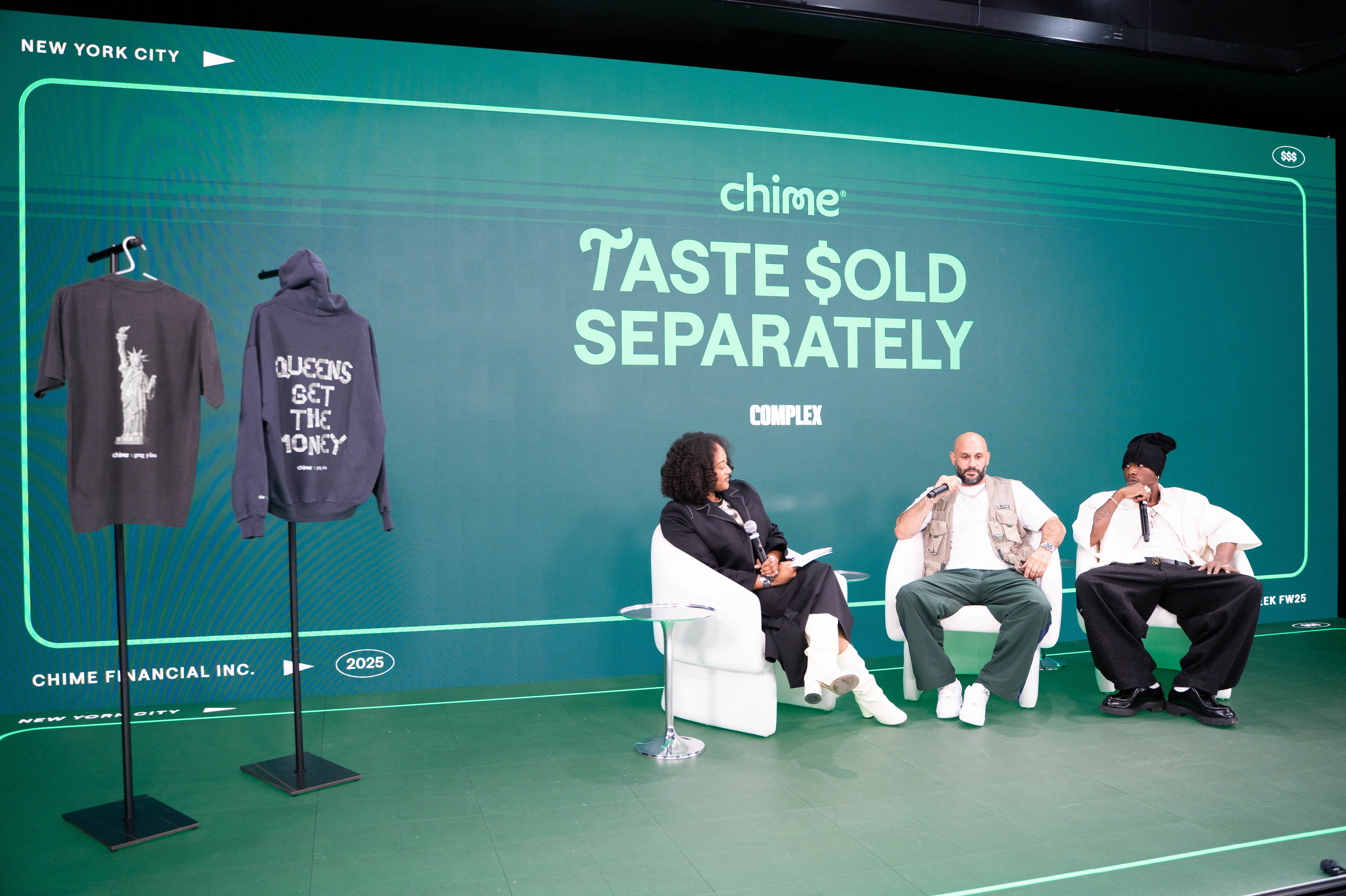 A panel discussion with three people seated on stage, featuring a backdrop with "Chime: Taste Sold Separately." Two clothing items are displayed.