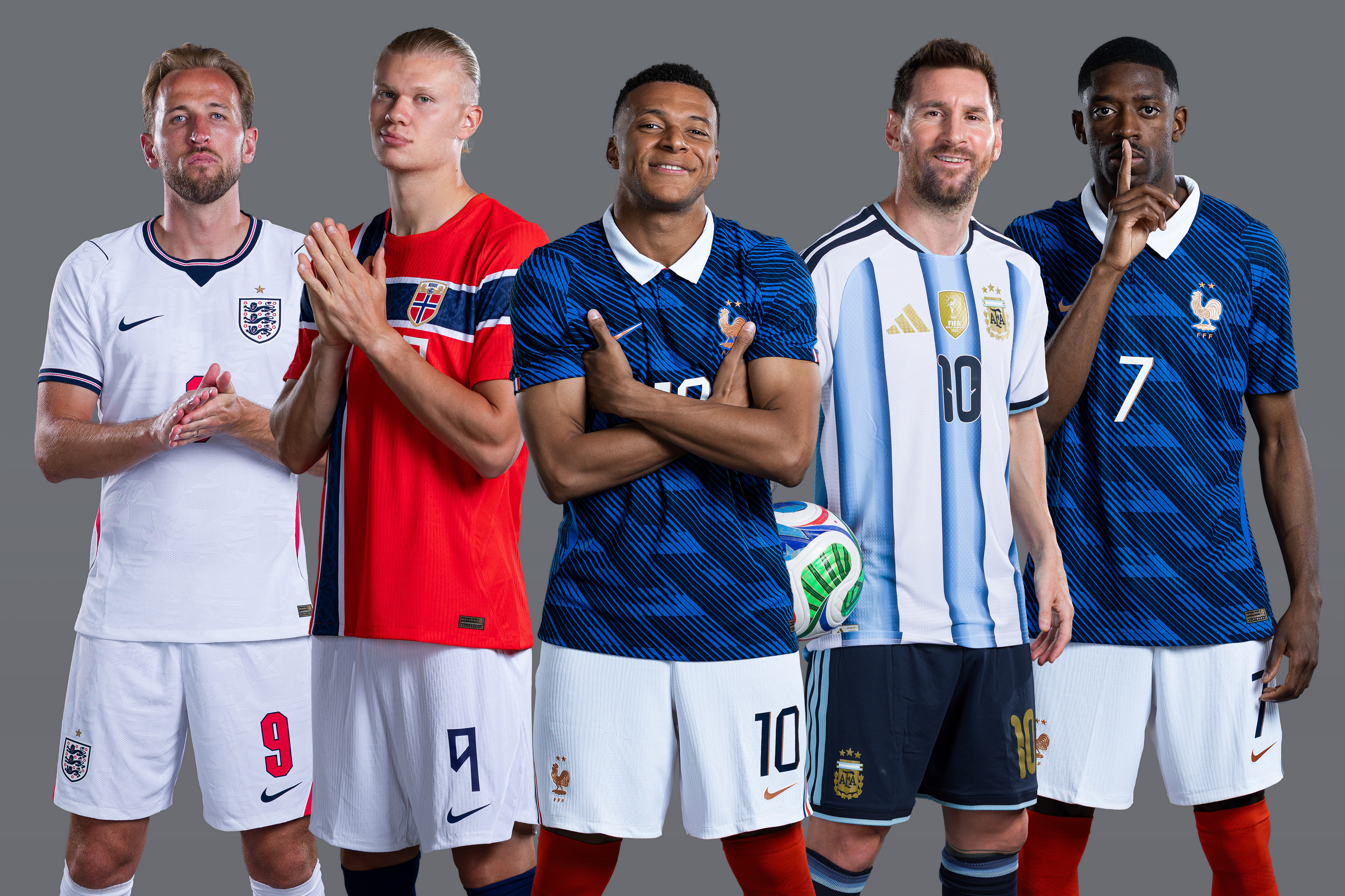 Harry Kane, Erling Haaland, Kylian Mbappe, Lionel Messi, and Ousmane Dembele