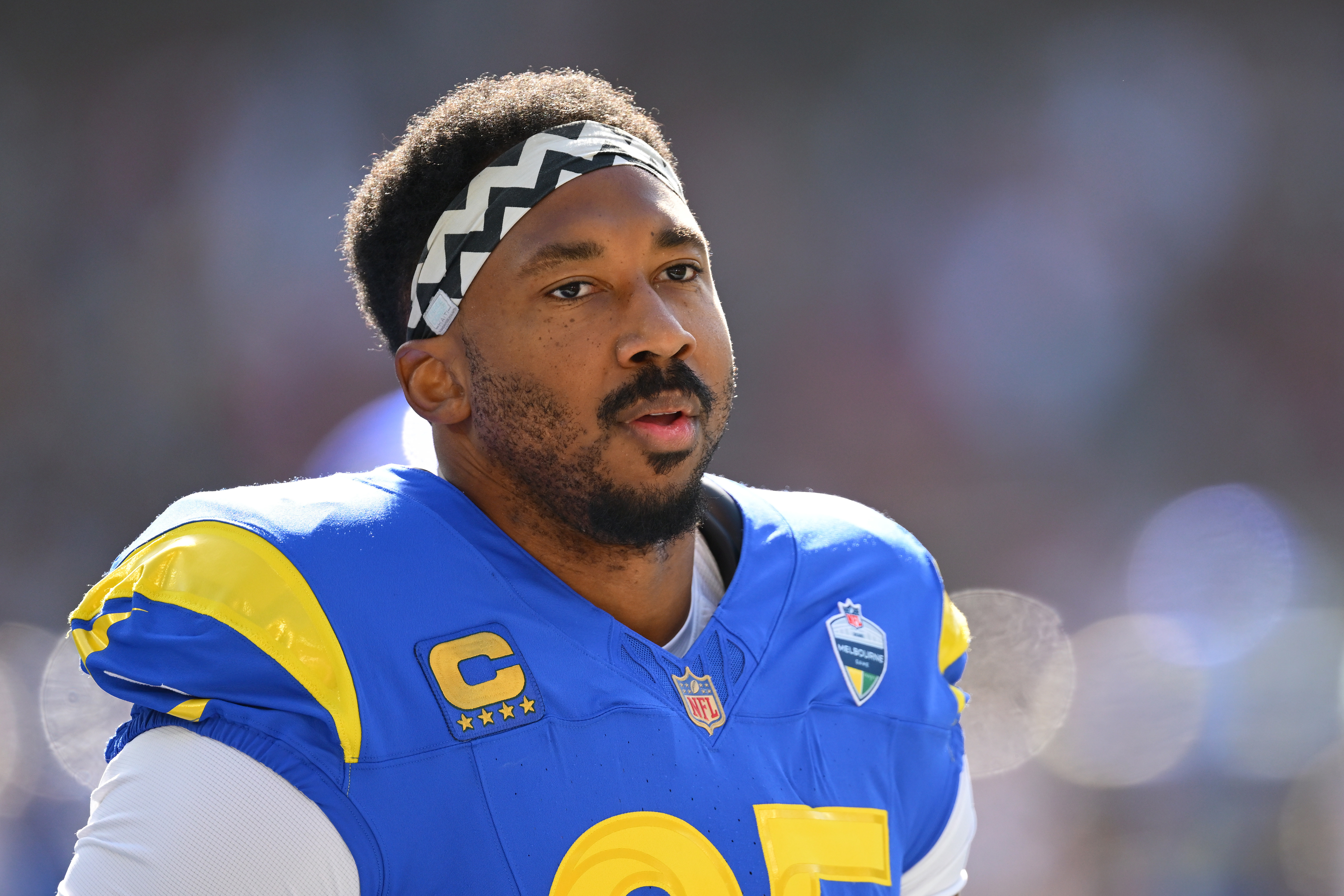 Myles Garrett on the sidelines during the Los Angeles Rams-San Francisco 49ers game in Australia. 