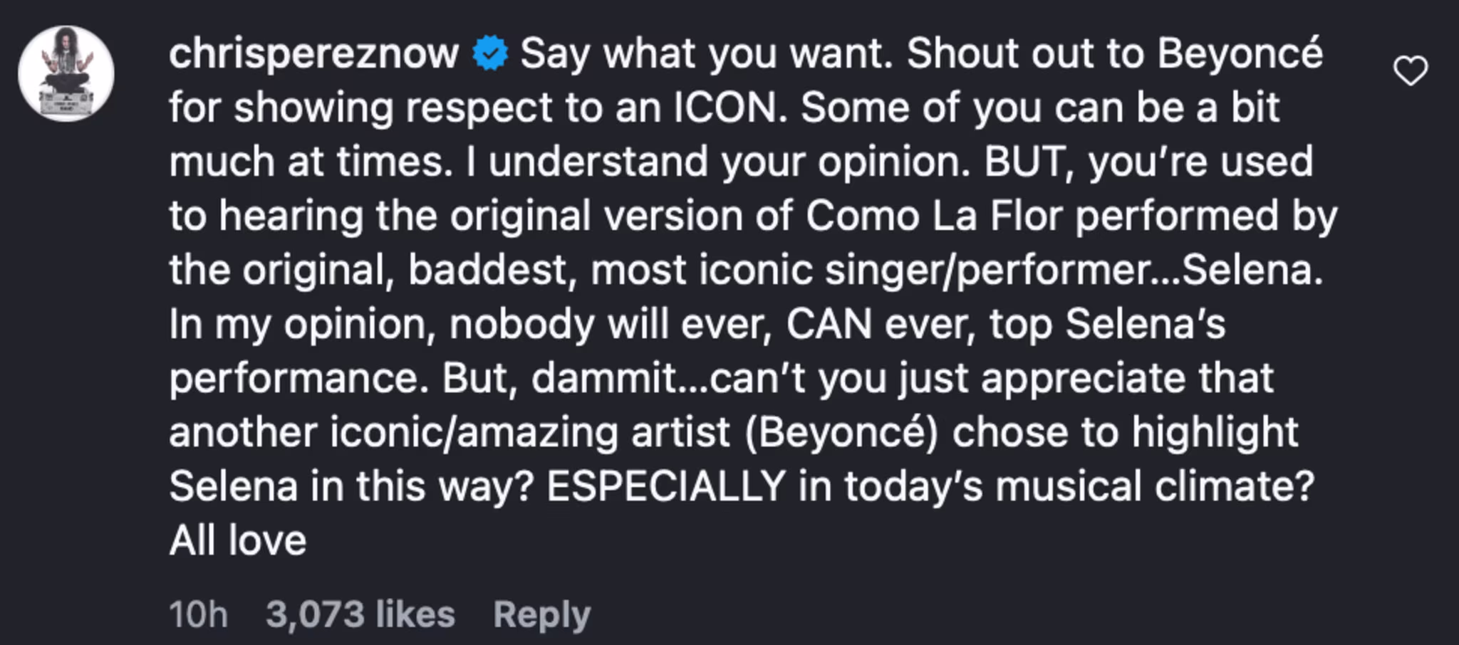 Instagram comment by chrispereznow praising Beyoncé for honoring Selena by highlighting "Como La Flor," emphasizing Selena's iconic status.