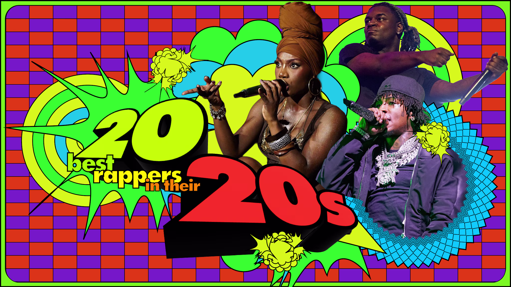 Colorful collage with three rappers, Doechii, Ken Carson, and YoungBoy Never Broke Again, performing, with bold text "2020 best rappers in their 20s" and vibrant background.