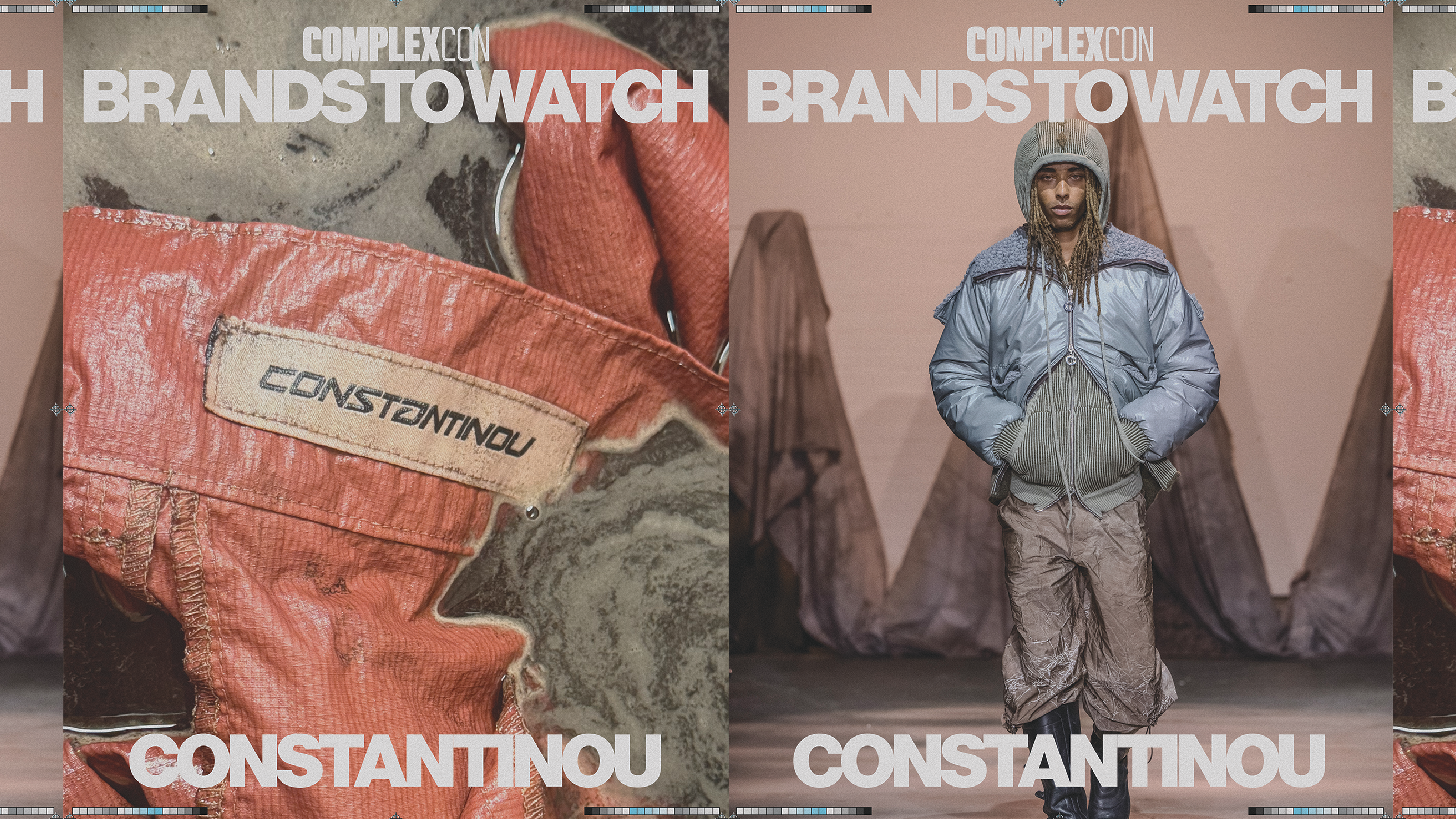 A model on a runway wearing a blue jacket and hood, with "CONSTANTINOU" branding. Text reads "COMPLEXCON BRANDS TO WATCH."