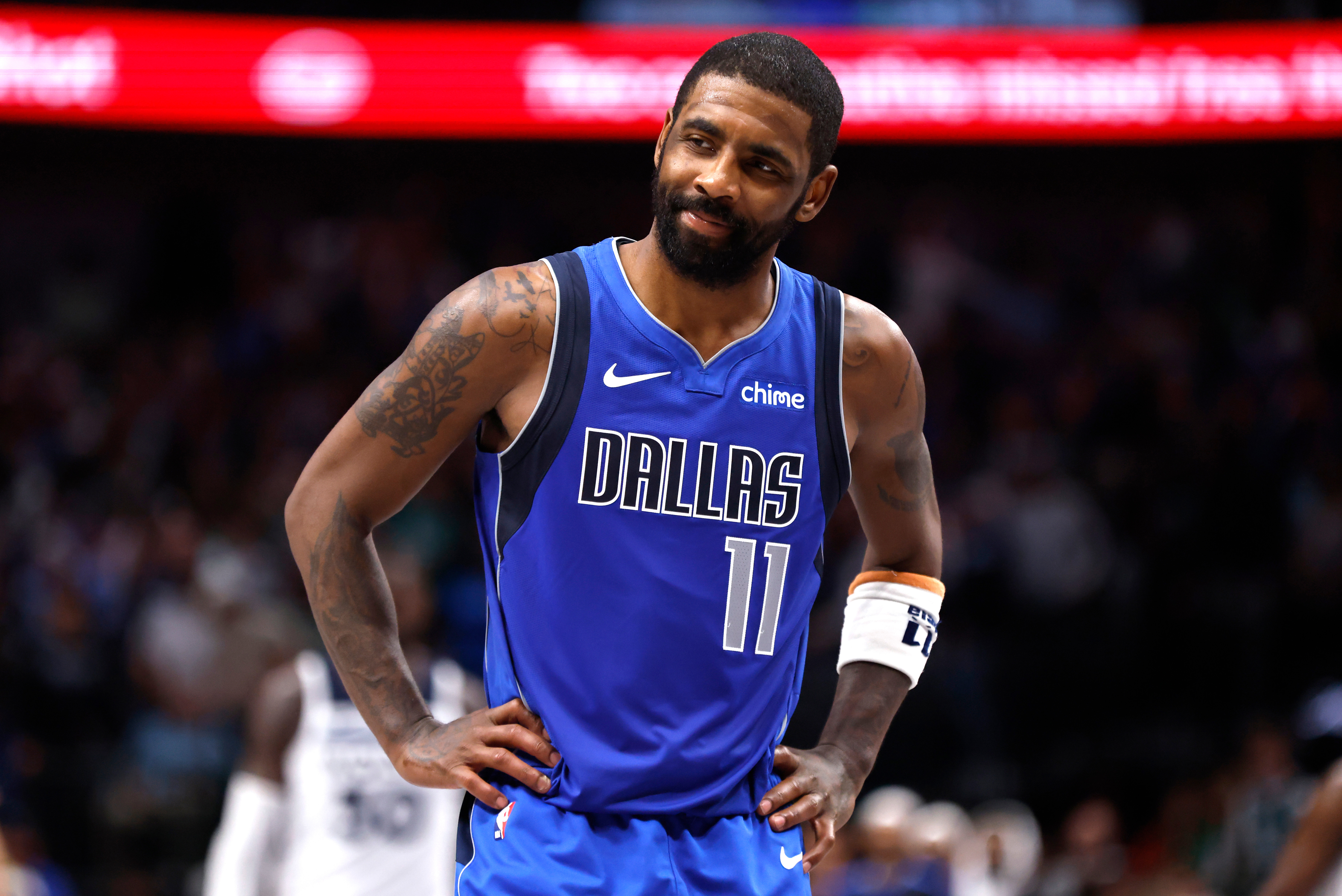 Kyrie Irving reacts to a call during the Christmas Day game between the Dallas Mavericks and Minnesota Timberwolves on Christmas Day 2024. 
