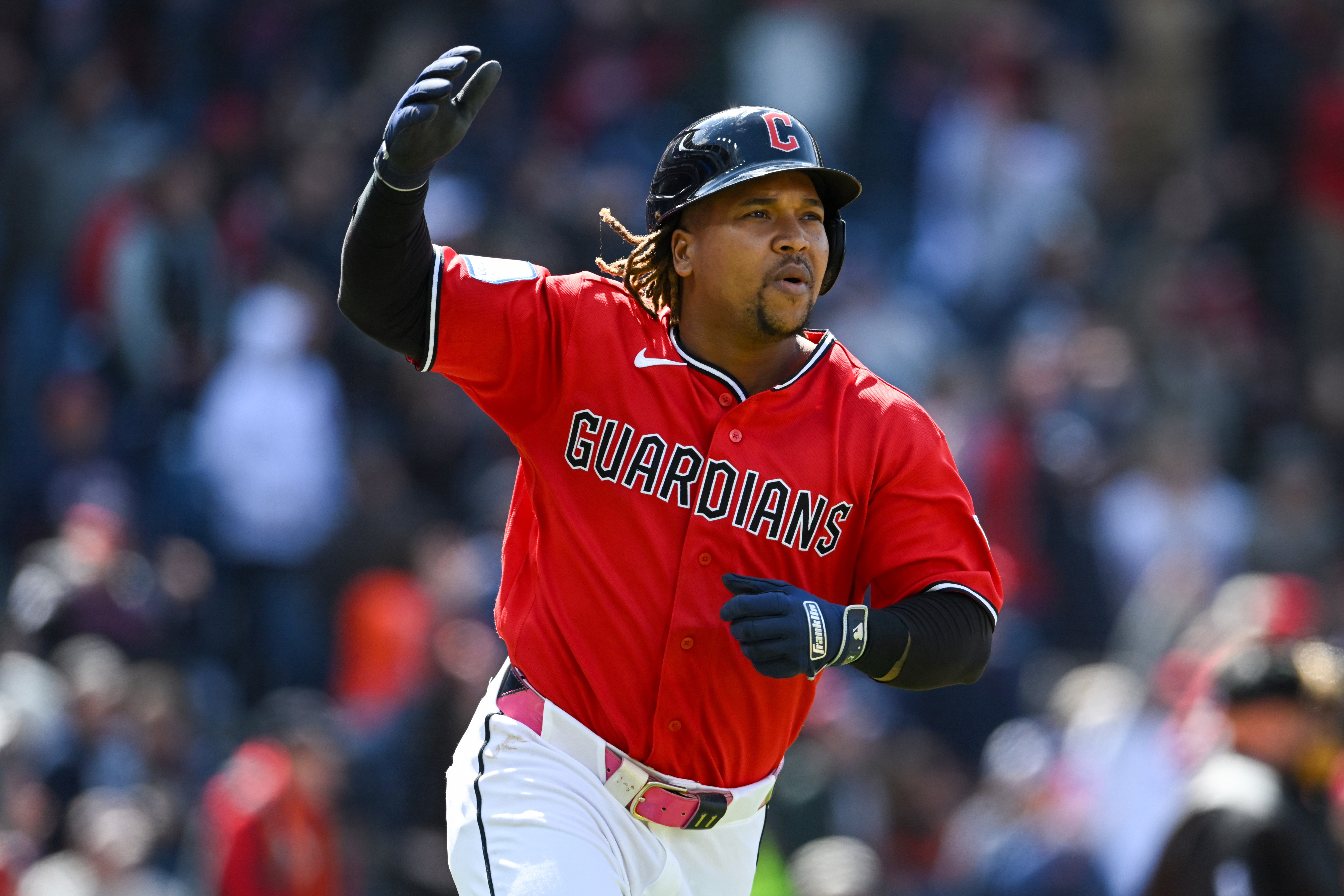 Jose Ramirez celebrates after hitting a home run during a Cleveland Guardians-Baltimore Orioles game in April 2026. 