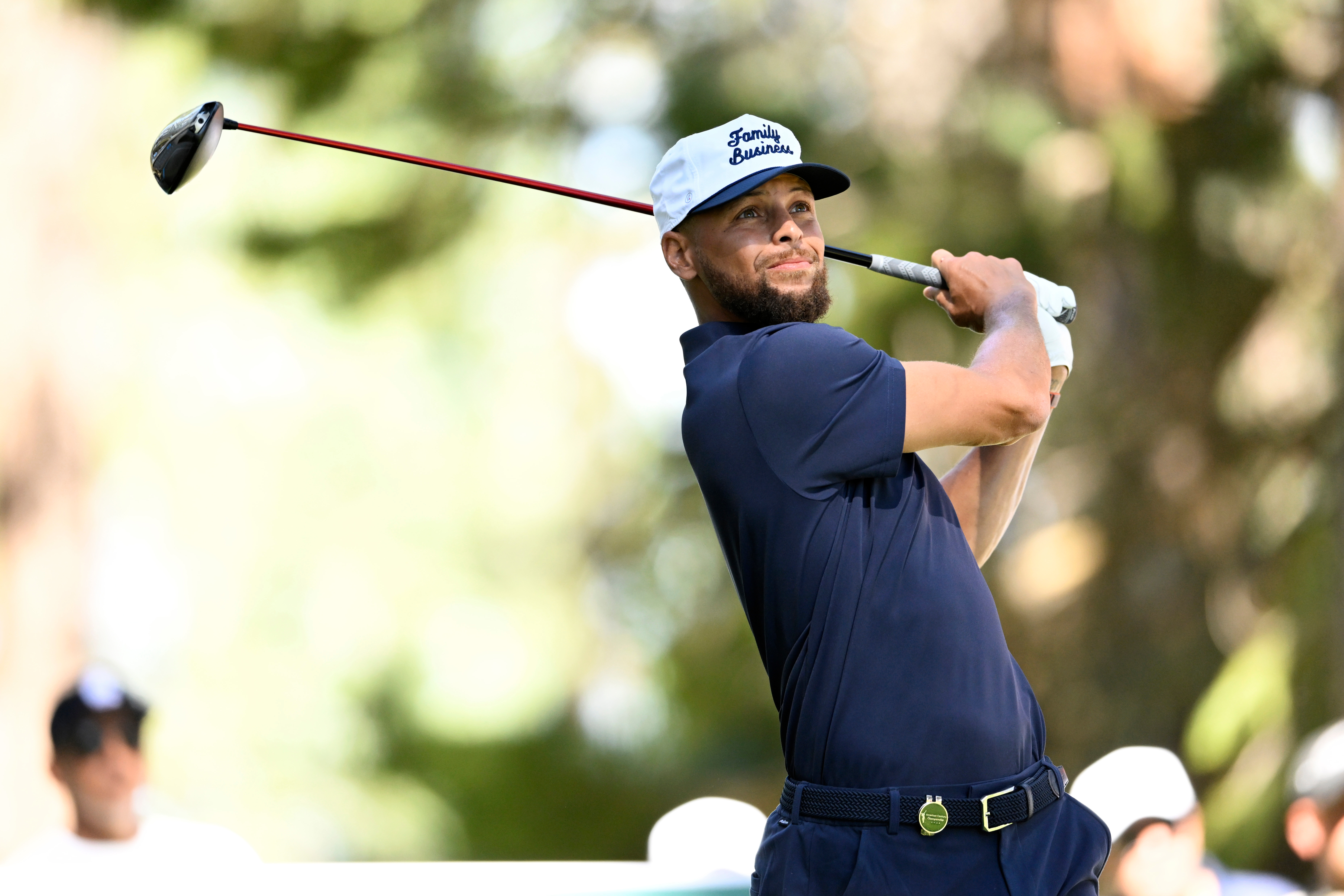 Steph Curry hits a drive during the American Century Championship. 