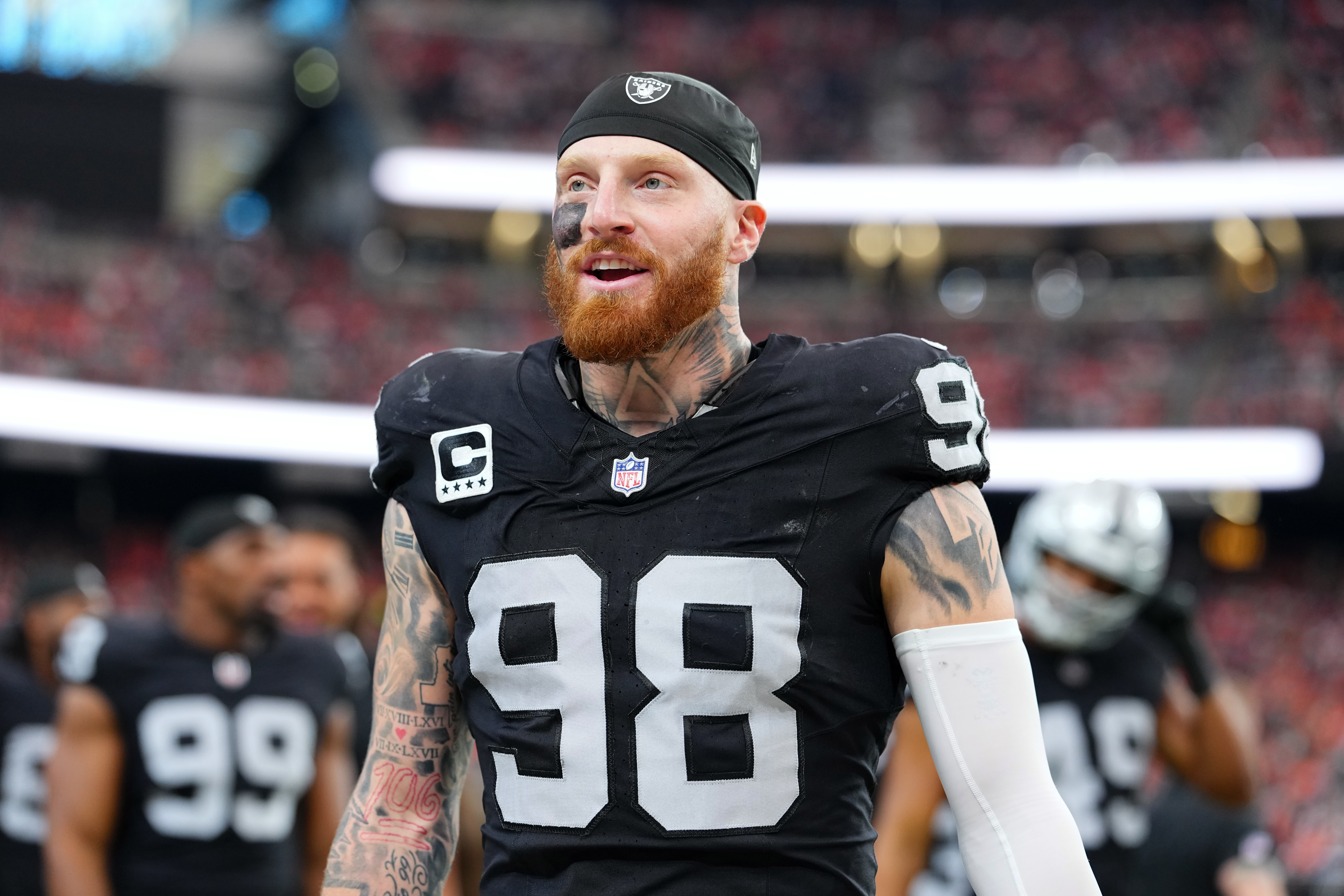 Maxx Crosby on the sidelines before the Las Vegas Raiders - Denver Broncos game in December 2025. 