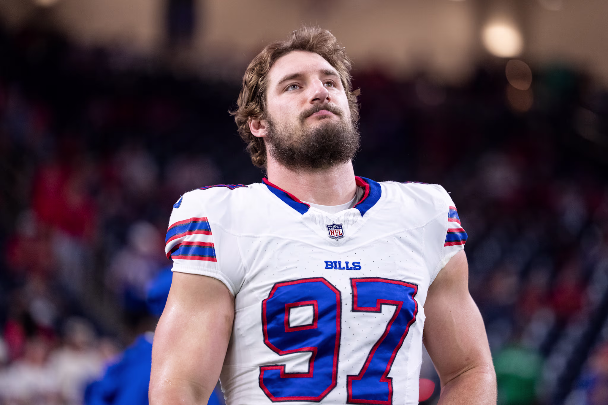 Joey Bosa looks on prior to a Bills-Texans game in November 2025. 