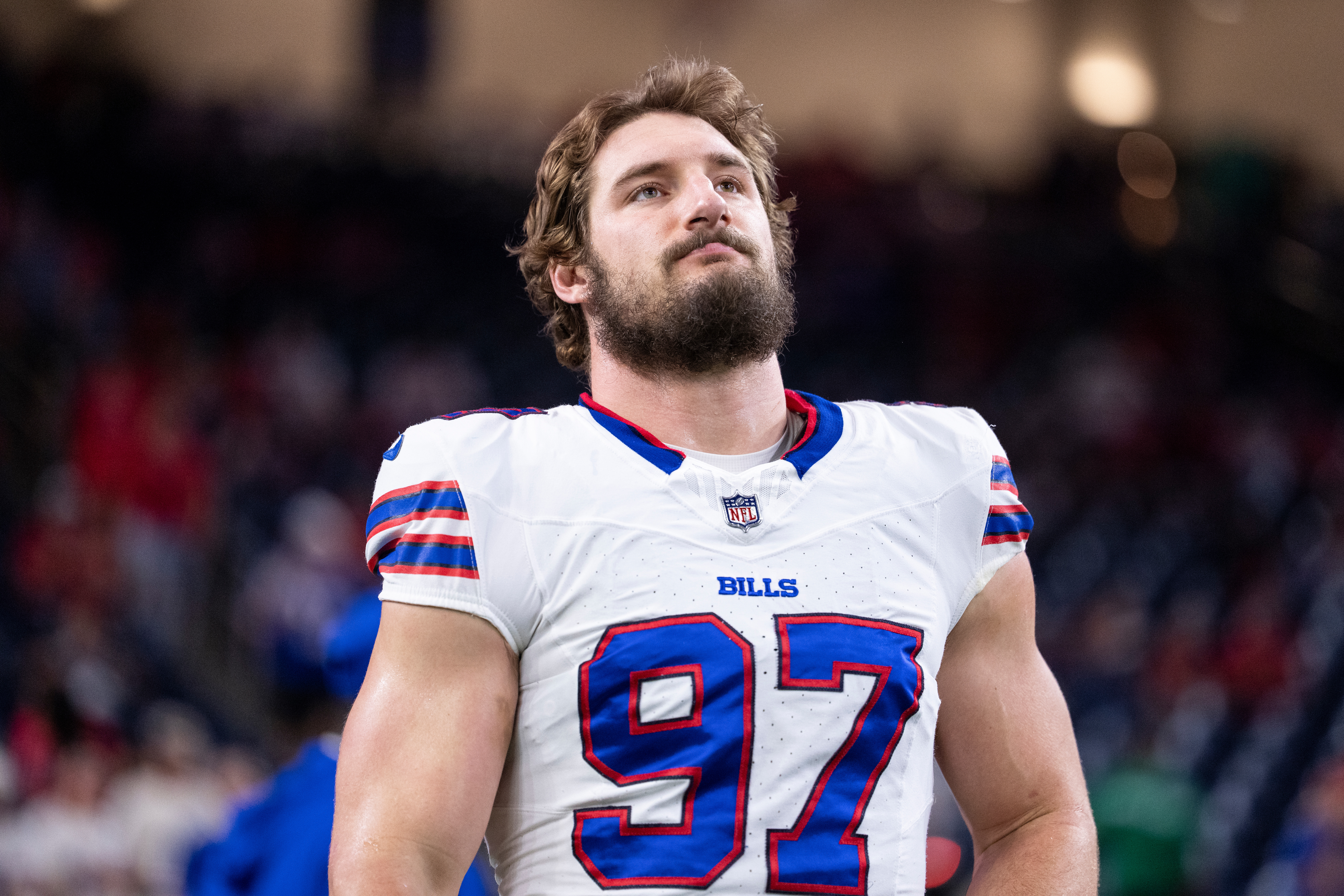 Joey Bosa looks on prior to a Bills-Texans game in November 2025. 