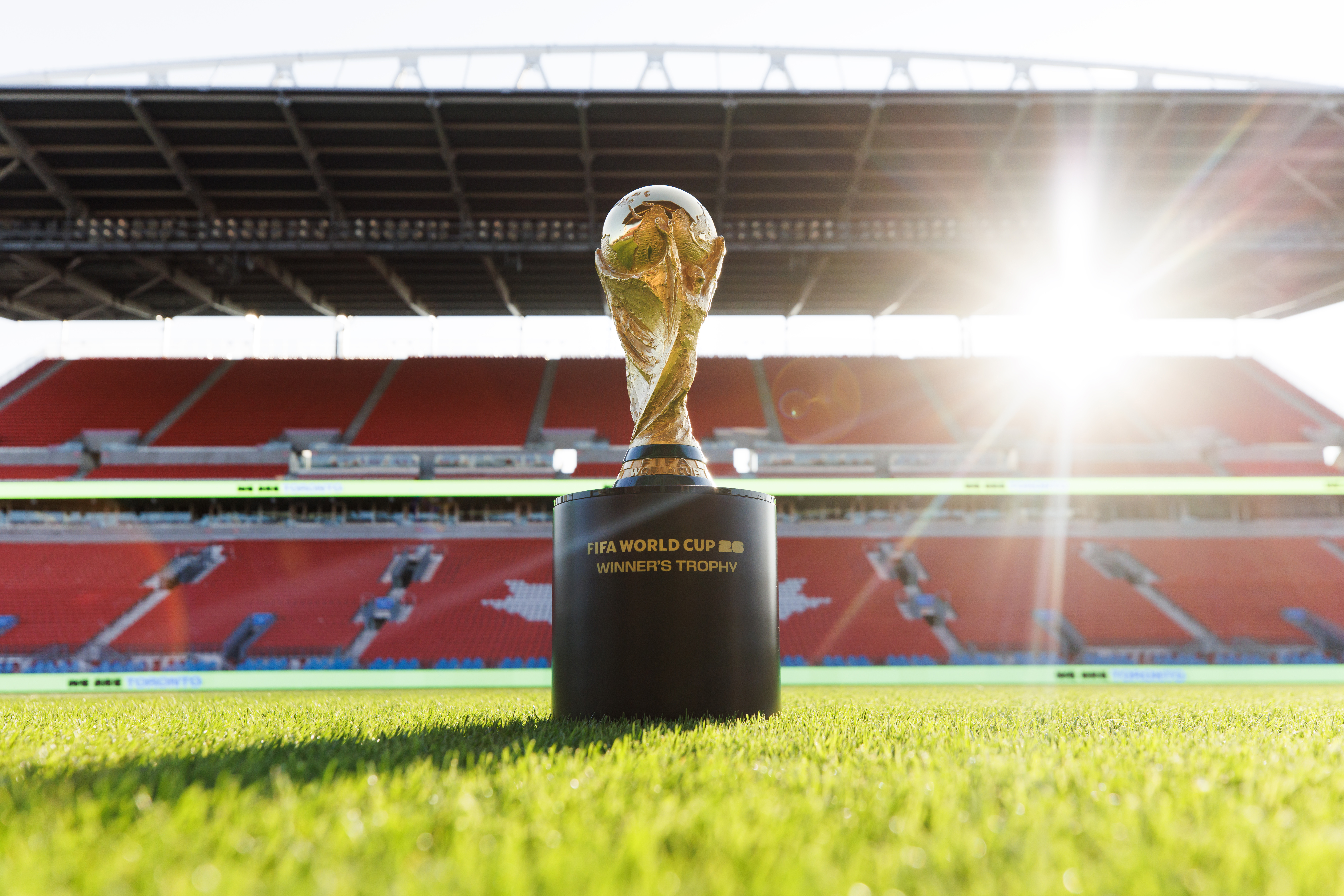 TORONTO, CANADA - AUGUST 22: FIFA World Cup Trophy is displayed on a plinth at BMO Field on August 22, 2024 in Toronto, Canada.