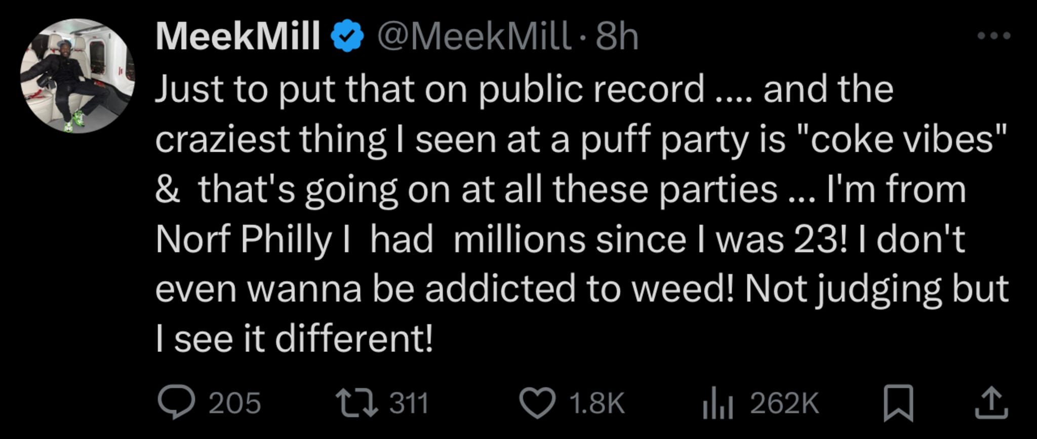 Tweet by Meek Mill discussing experiences at parties, mentioning "coke vibes" and his perspective on addiction.