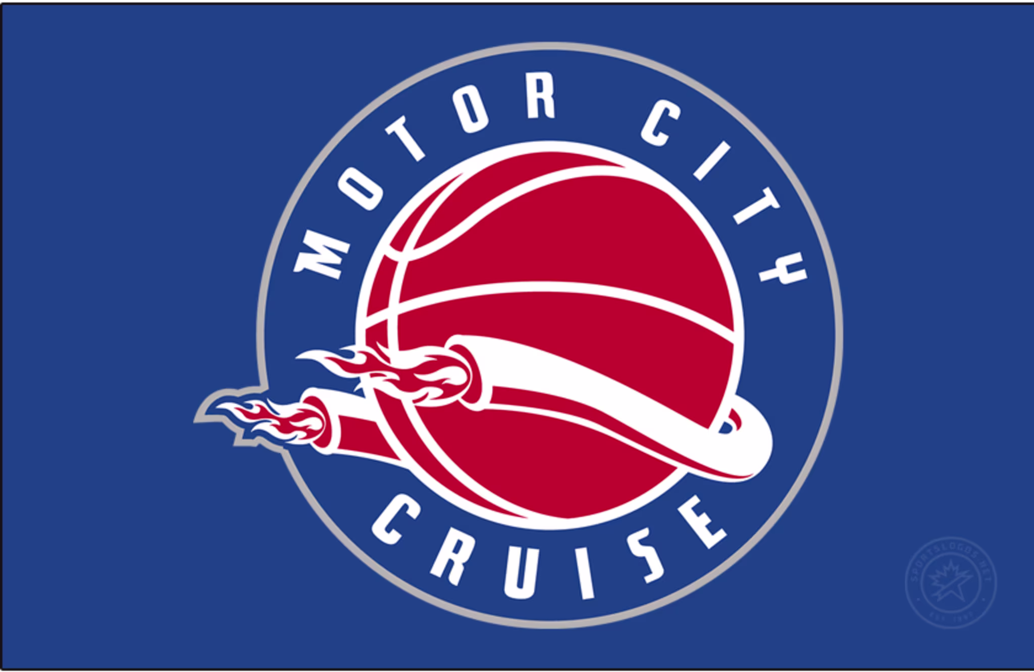 Logo of Motor City Cruise, featuring a red basketball with flames and a white ribbon, on a blue background.