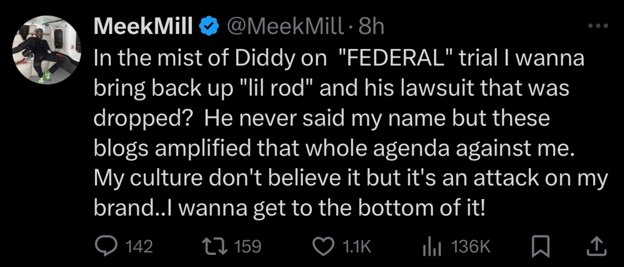 Tweet by Meek Mill discussing Diddy's federal trial, a lawsuit with "lil rod," and its impact on his brand.