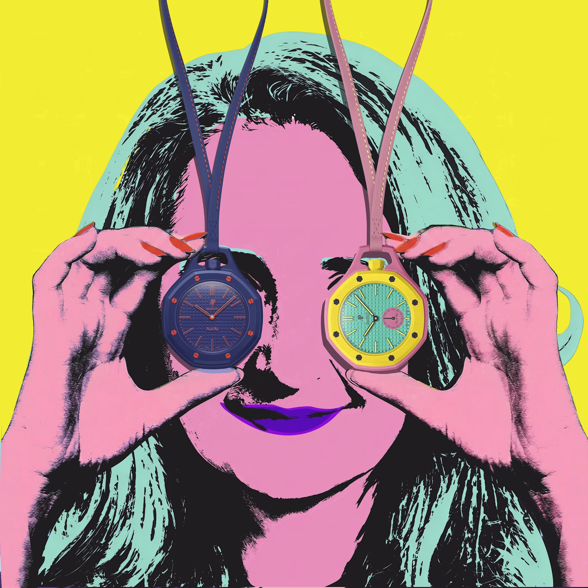Pop art-style image of a woman holding two colorful watches over her eyes, with a vibrant yellow background.
