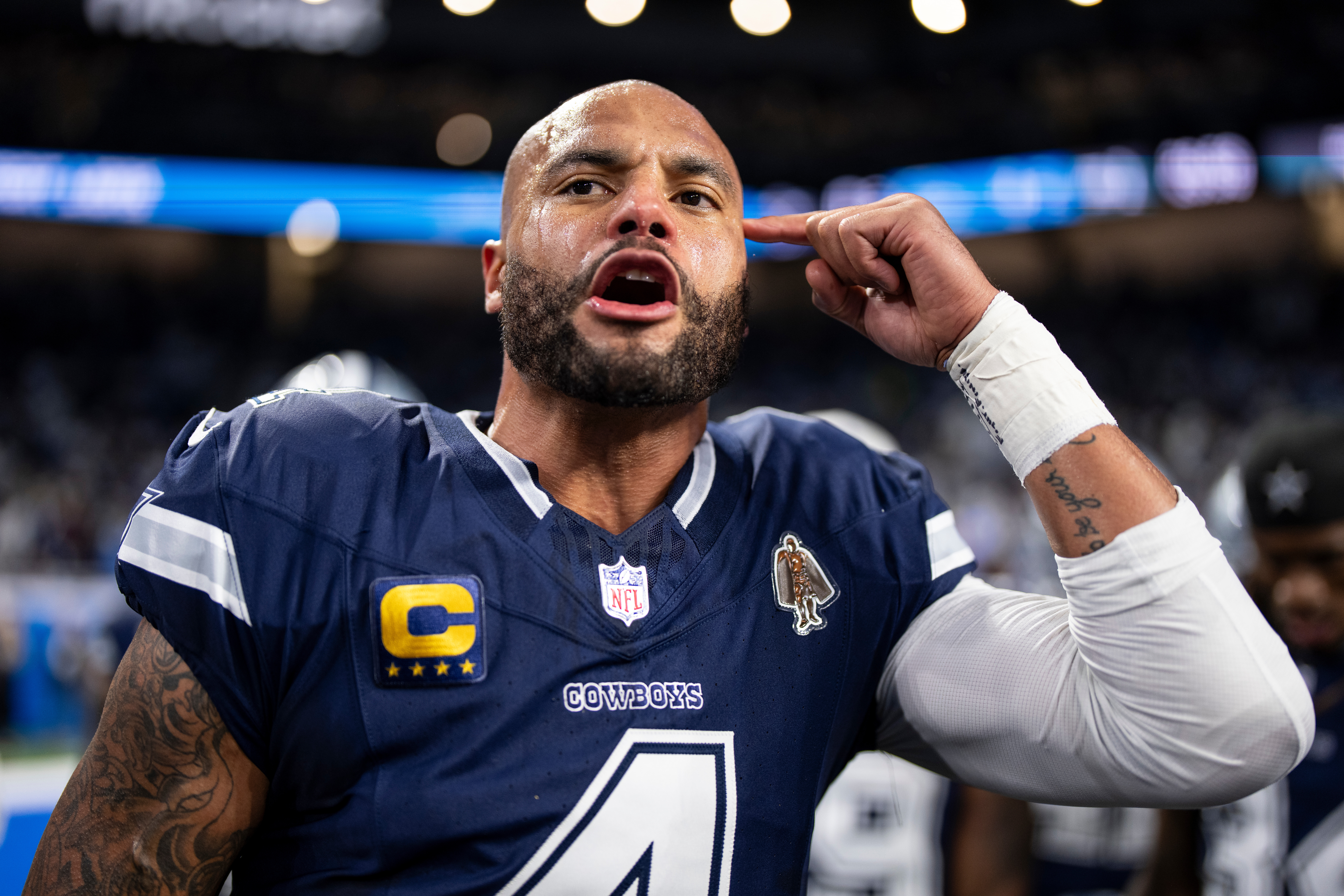 Dak Prescott reacts during a Lions-Cowboys game in December 2025. 