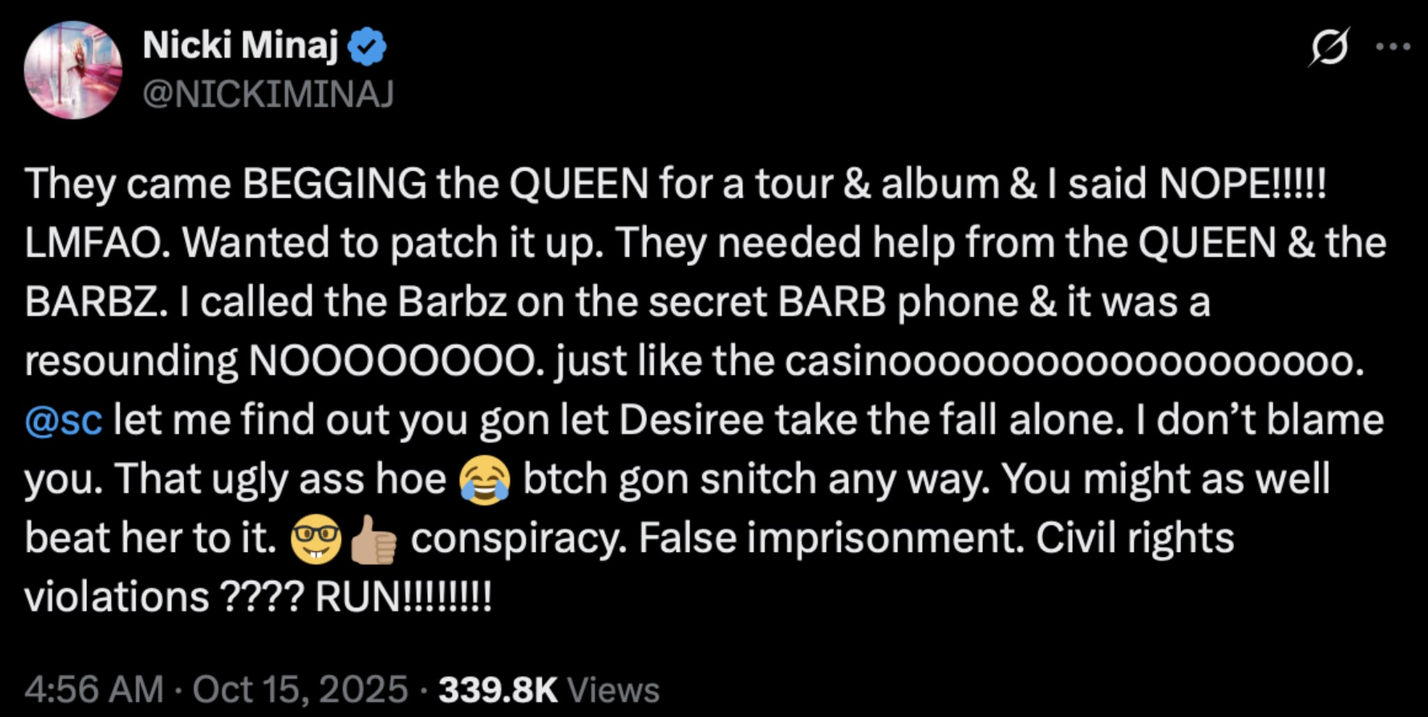 Nicki Minaj's tweet expressing refusal for a tour and album, mentioning Barbz, conspiracy, and civil rights violations.