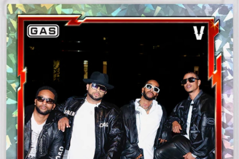 Two digital trading cards featuring groups of stylishly dressed men in sunglasses and leather jackets, set against colorful backgrounds.