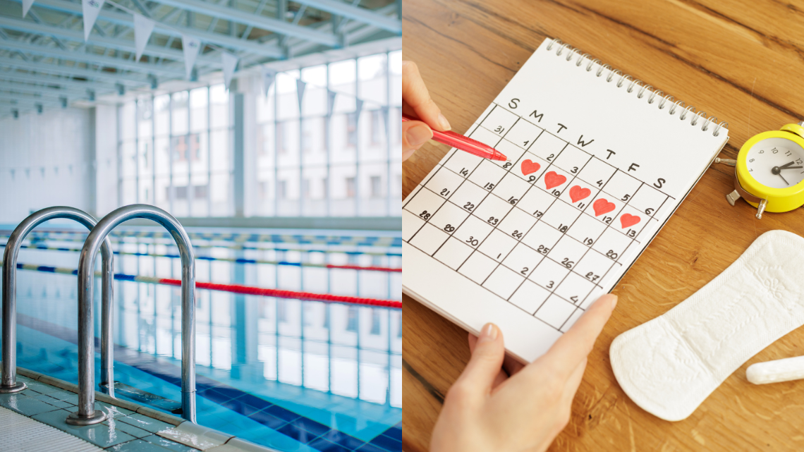 Empty indoor swimming pool | A woman marks her menstrual cycle on a calendar while using a tampon and pad