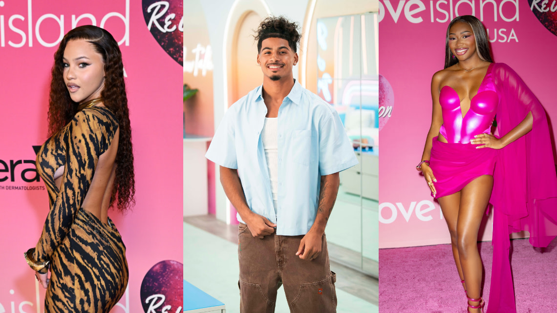 From left: Sol Dean at Peacock’s Love Island USA Season 8 reunion at Universal Studios Hollywood on Aug. 9, 2026; Sincere Rhea on Love Island USA; and Amora Cacheé Robinson
