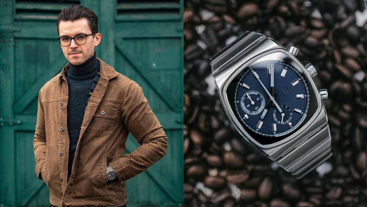 A man in a brown jacket and glasses stands confidently. Next to him is a close-up of a silver wristwatch with a blue face on coffee beans.
