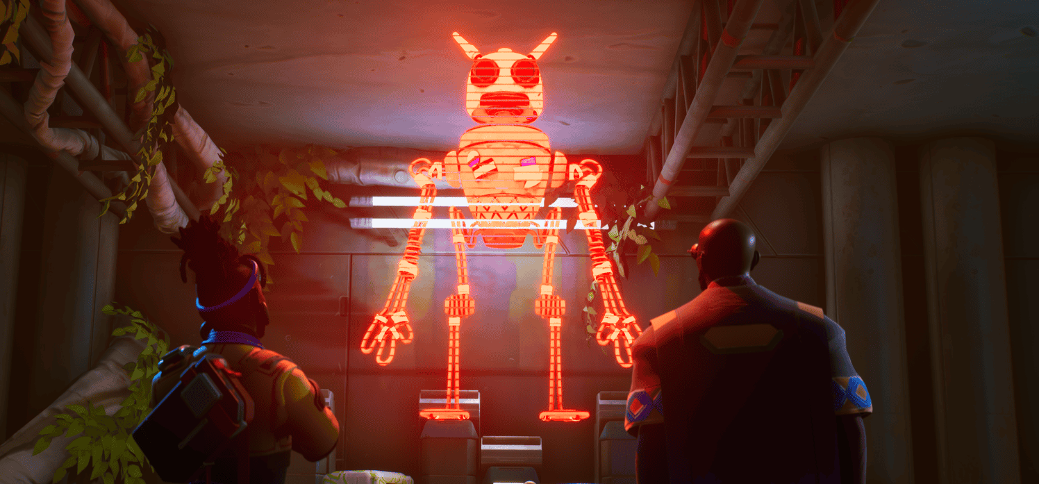 Two characters in a dimly lit room look at a glowing red holographic robot. The setting is industrial with pipes and plants.