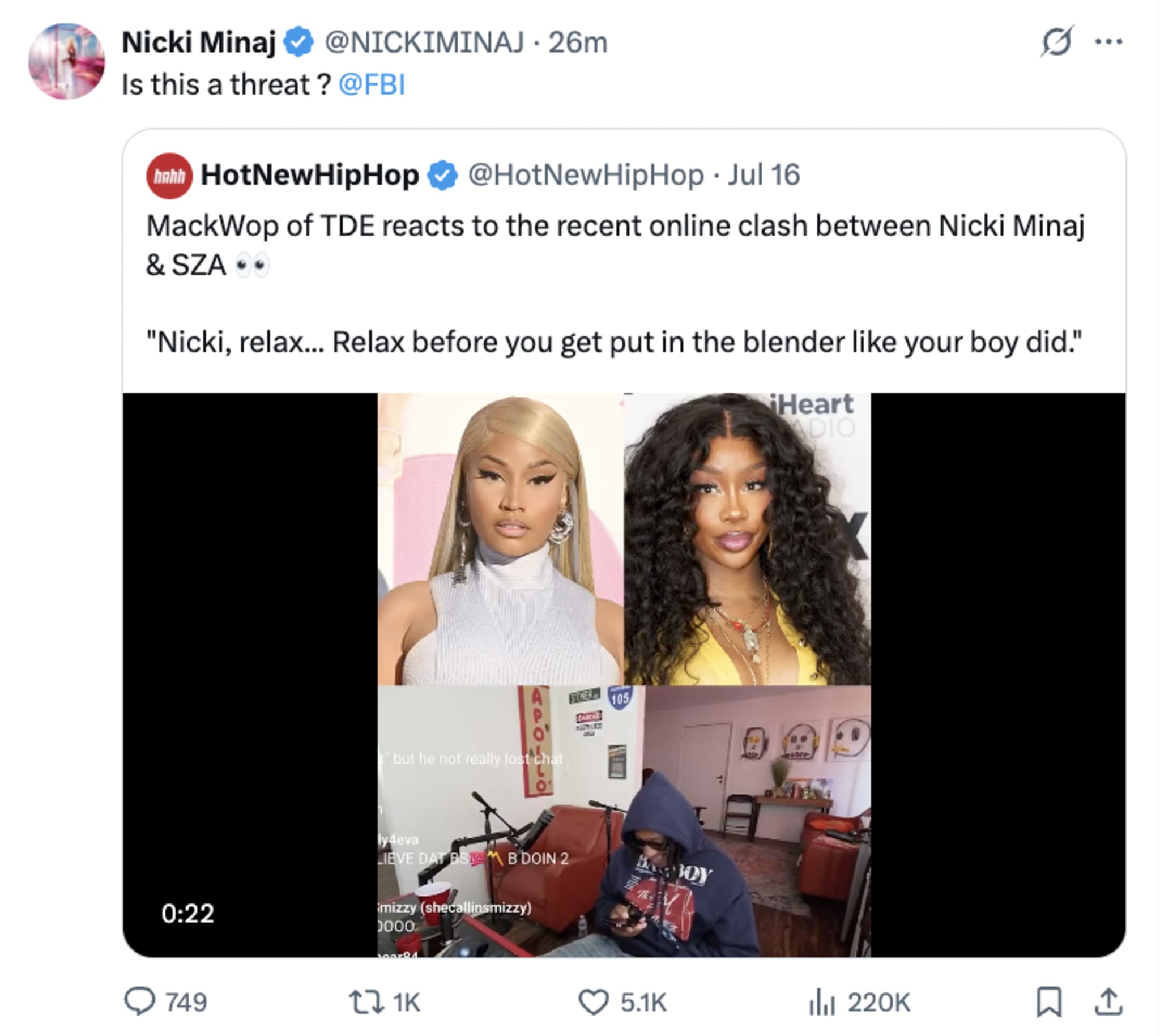 Nicki Minaj tweets about a potential threat, featuring images of herself, SZA, and MackWop in a reaction video.