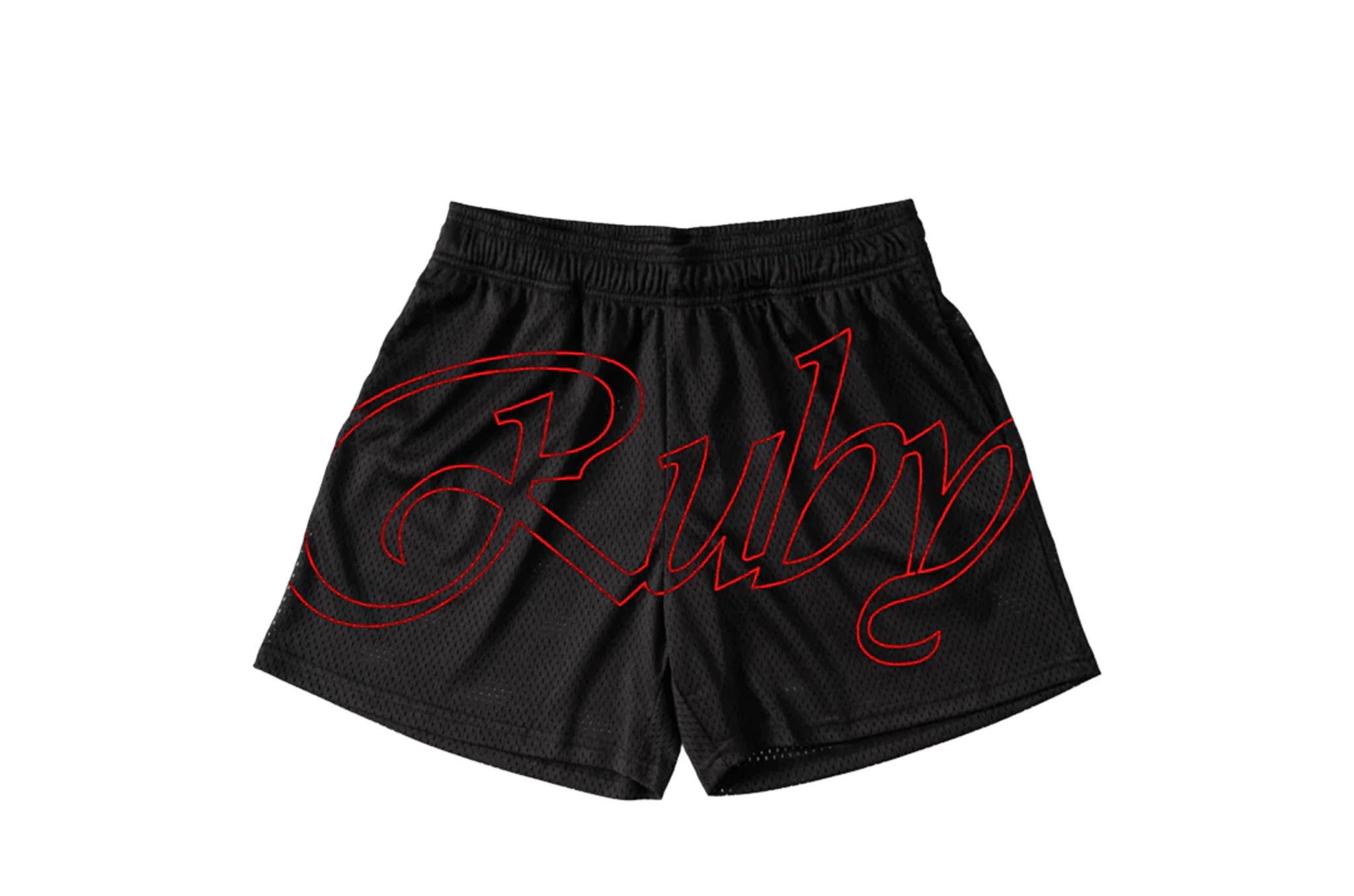 Black shorts with "Ruby" written in large, red cursive letters across the front.