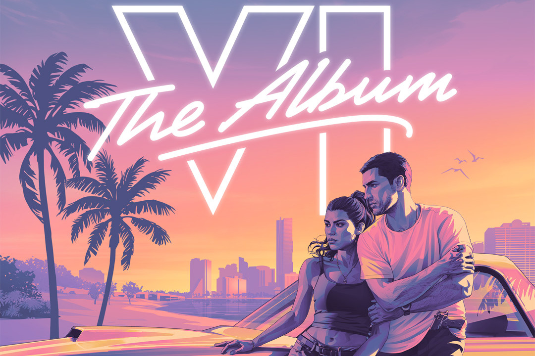 Illustration for "Grand Theft Auto VI: The Album" showing a man and woman leaning on a car, with a city skyline and palm trees in the background.