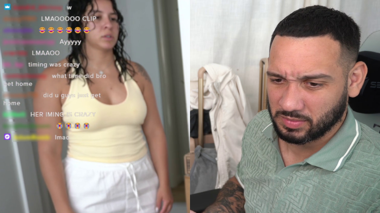 Maleni HF in a yellow tank top stands on the left, and Chicklet HF with a beard and green shirt sits on the right, both indoors.
