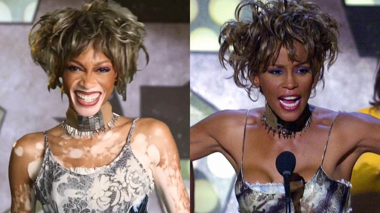 Winnie Harlow recreating Whitney Houston's look at the 2001 BET Awards alongside a picture of Whitney Houston talking during her Lifetime Achievement Tribute at the 2001 BET Awards.