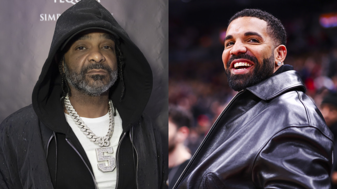 Split image. Left: Jim Jones wearing a hoodie and chain. Right: Drake in a leather jacket, smiling at an event.