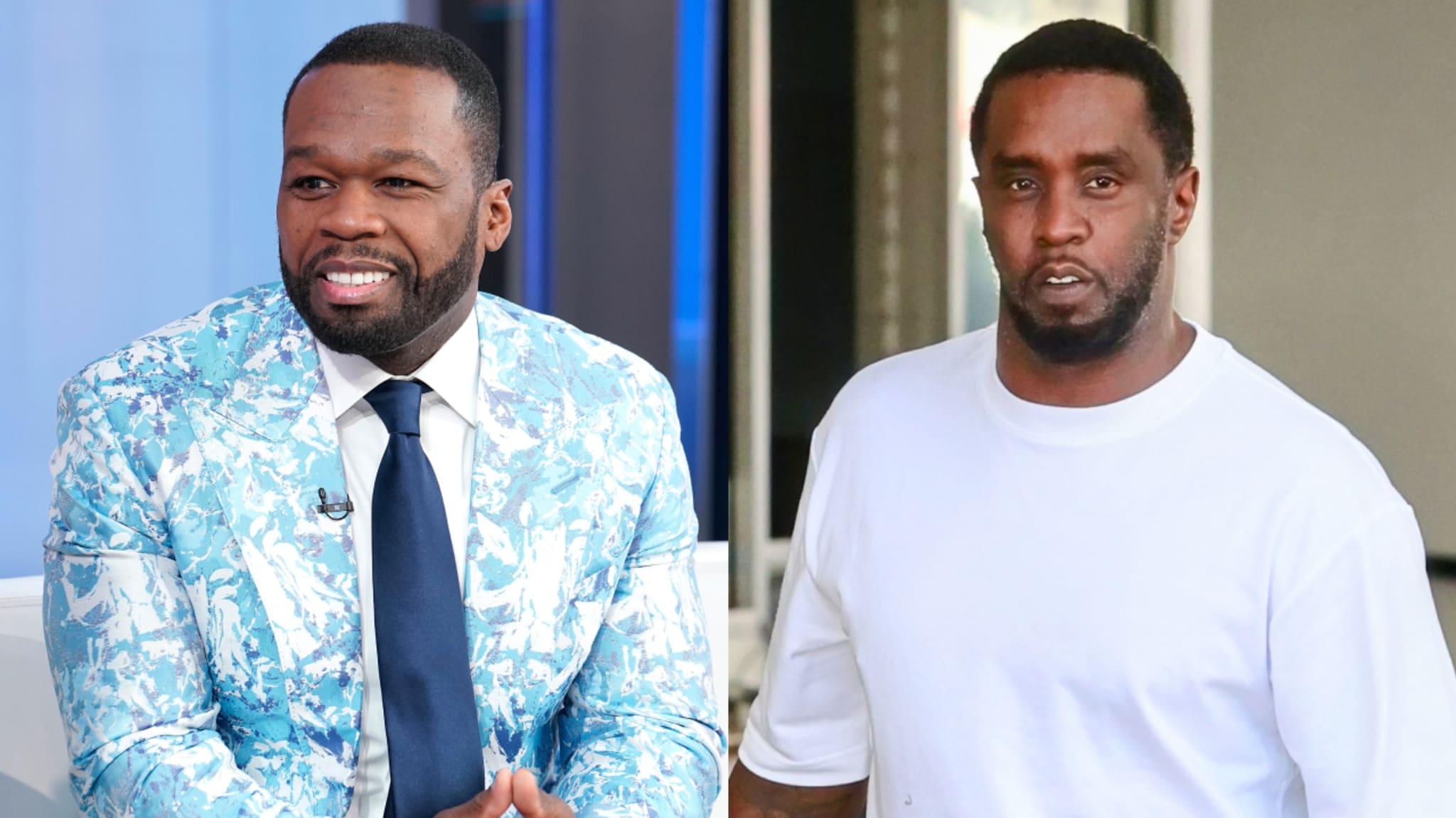 50 Cent in a blue patterned suit smiling, and Diddy in a white shirt outdoors.