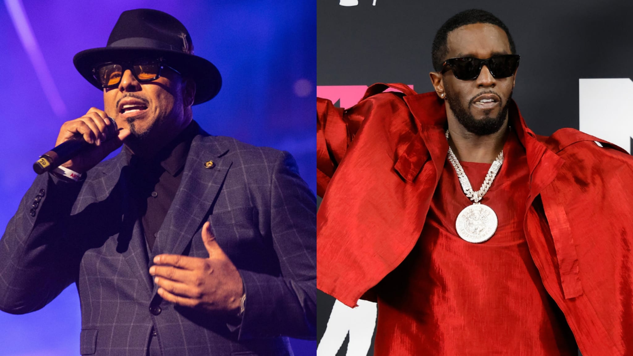 Split image. Left: Al B. Sure! performing in a suit and hat. Right: Diddy in a red outfit with sunglasses and a large necklace.