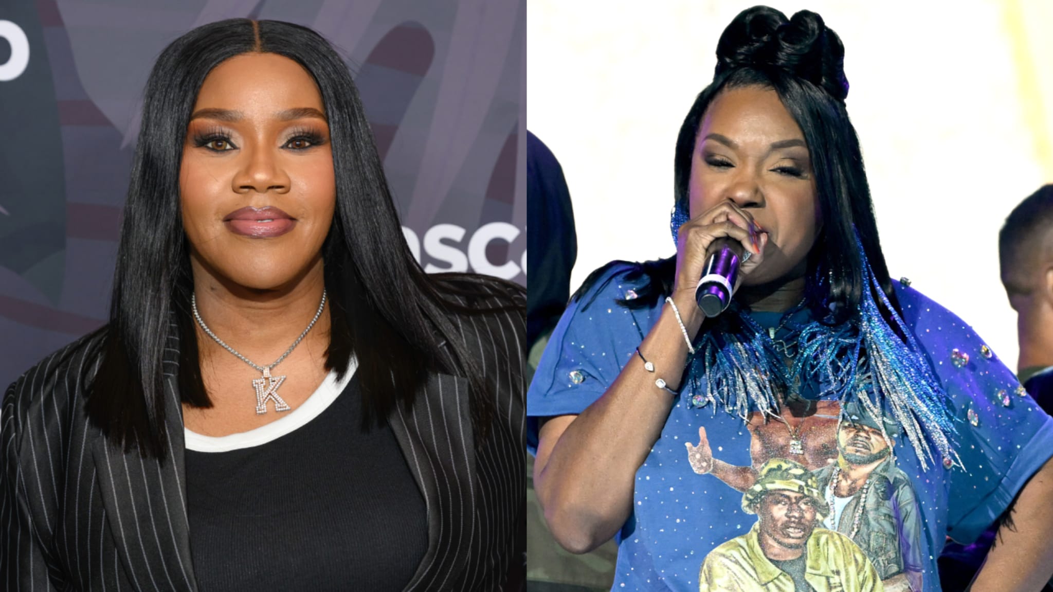 Kelly Price is pictured on the left at an event, wearing a black outfit with a "K" necklace. On the right, Mia X is performing on stage at ComplexCon 2025, holding a microphone.