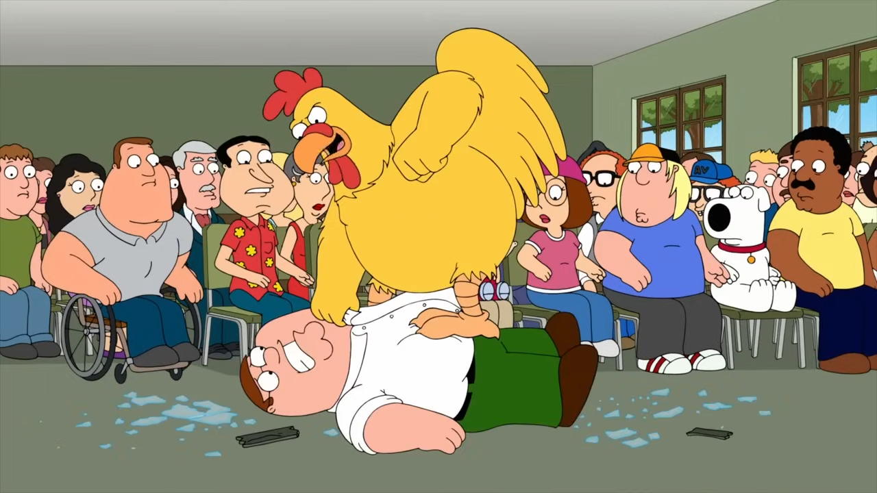 Peter Griffin is pinned by a giant chicken in a room with Family Guy characters, including Brian, Meg, and Chris.