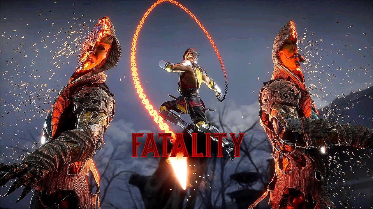 A scene from Mortal Kombat showing Scorpion performing a "Fatality" move with fiery effects and the word "FATALITY" in bold.