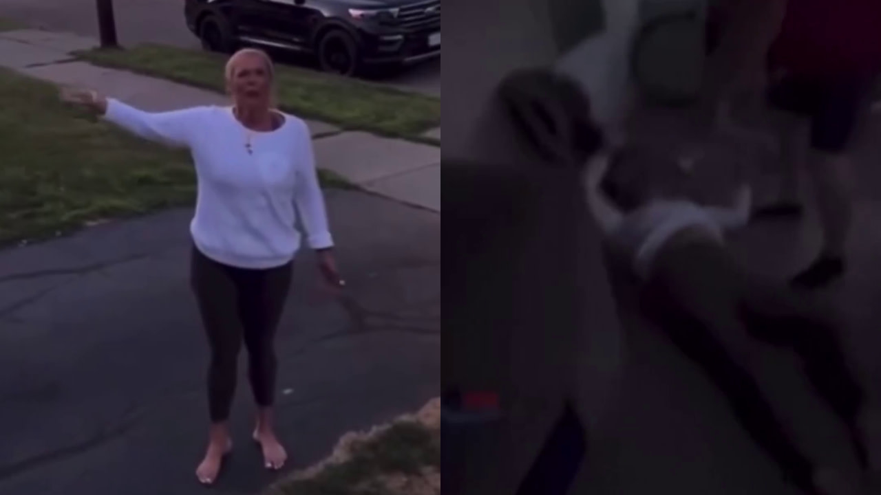 Left: A woman standing on a driveway, wearing a white sweater and leggings. Right: The same woman lying on the ground.