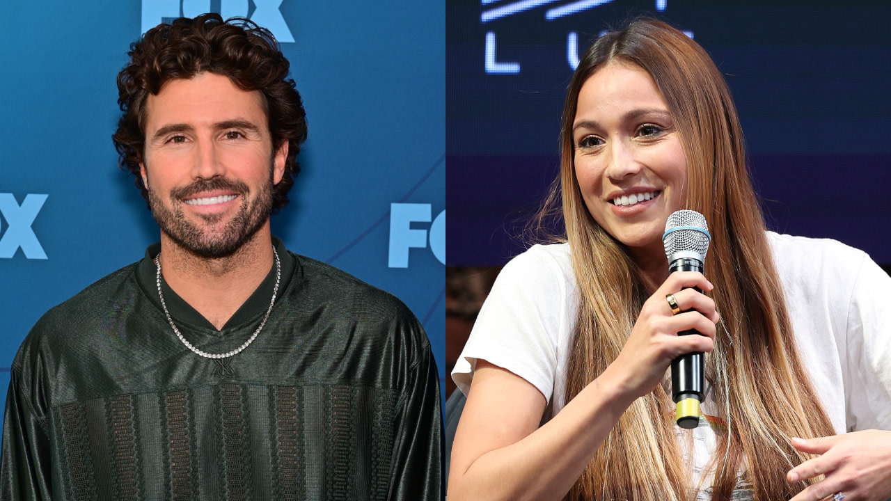 Two people side by side: Brody Jenner with curly hair and a dark shirt on the left, and Tia Blanco with long hair holding a microphone on the right.