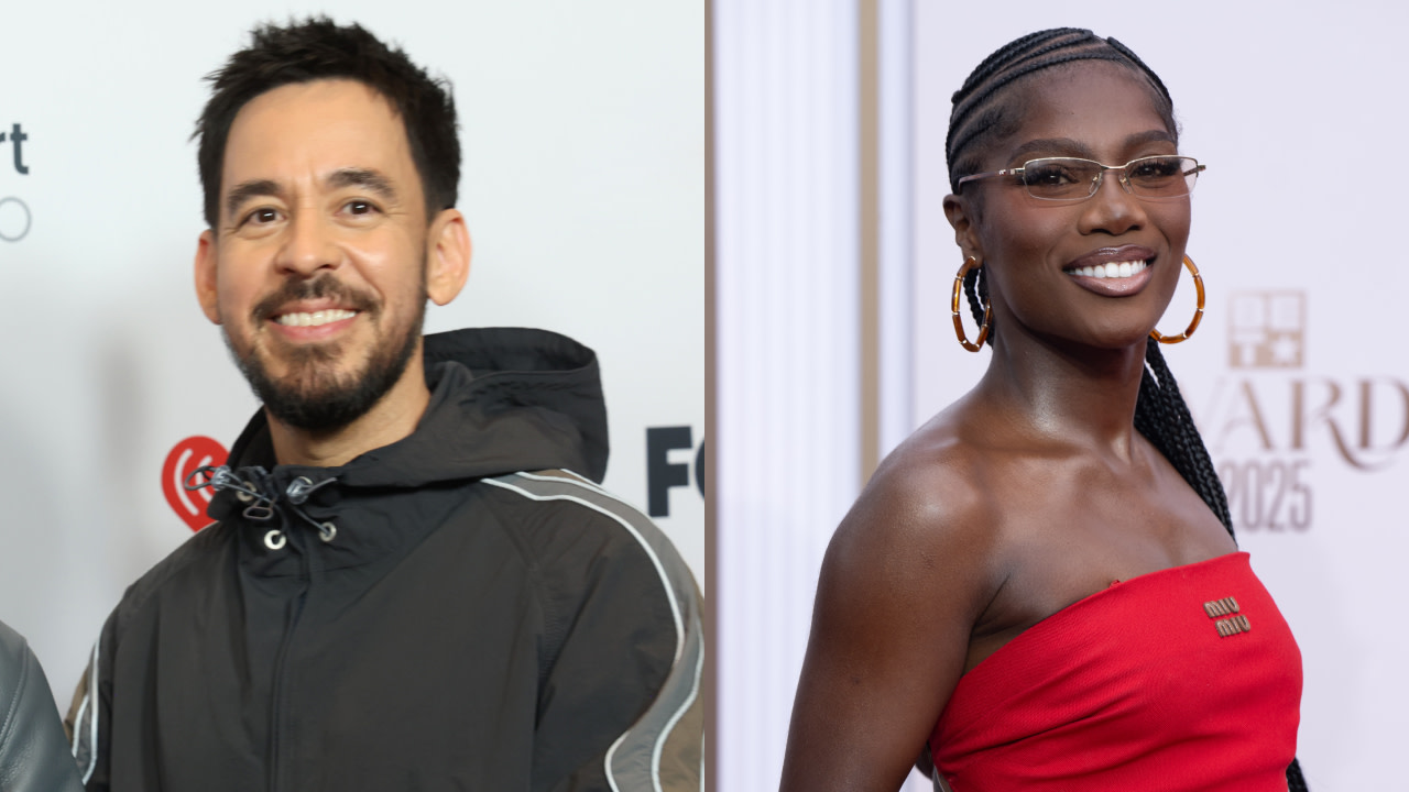 Left: Linkin Park's Mike Shinoda smiling in a black jacket. Right: Rapper Doechii in a red dress, wearing glasses and hoop earrings.
