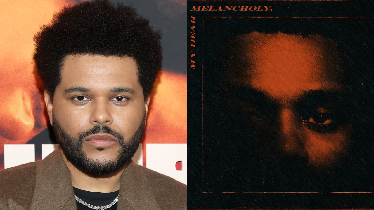 The image shows The Weeknd on the left, wearing a brown jacket, and the album cover for "My Dear Melancholy," on the right.