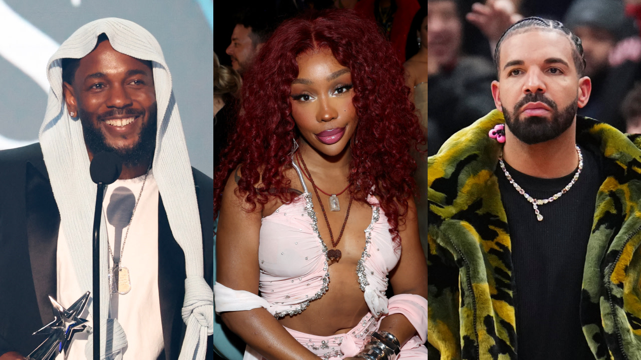 Kendrick Lamar smiling in a hooded outfit, SZA with red curly hair, and Drake in a fur coat with a serious expression.