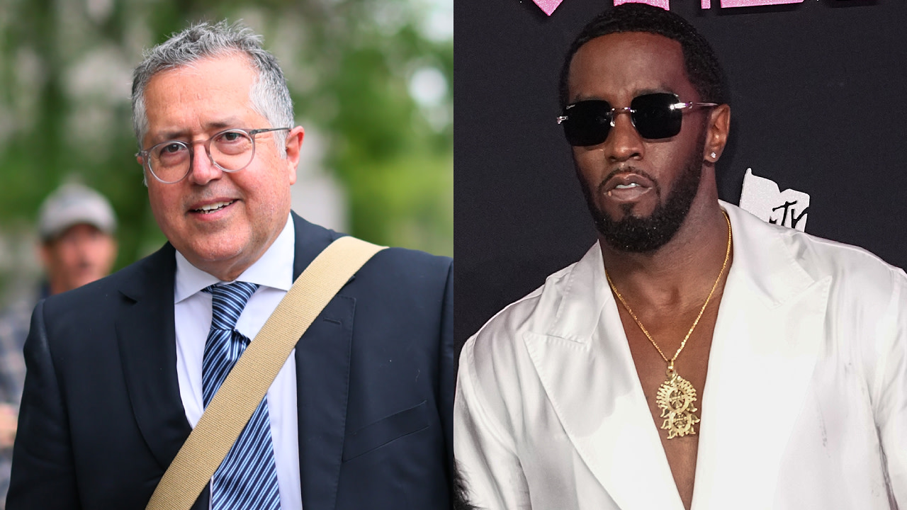 Left: Attorney Mac Agnifilo in a suit with glasses and a shoulder bag. Right: Sean 'Diddy' Combs in a white jacket with sunglasses and a necklace.