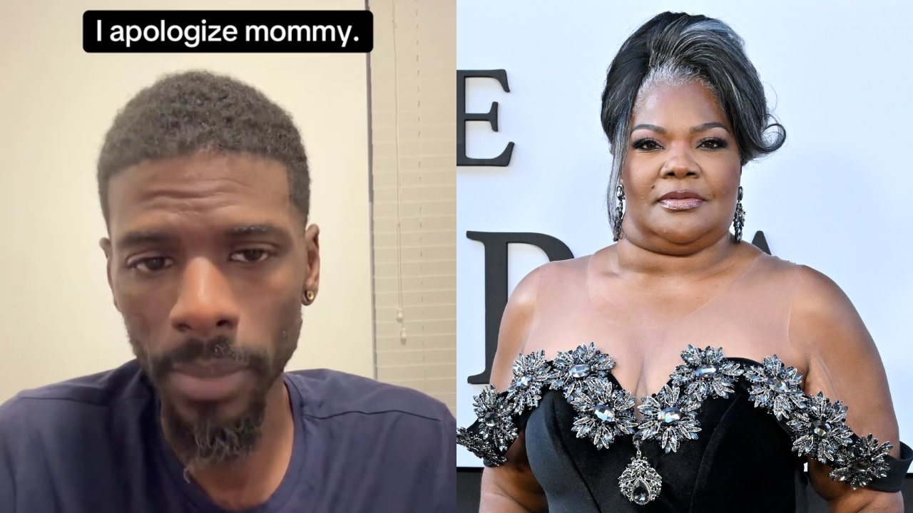Split image: Left shows a man with text "I apologize mommy." Right shows Mo'Nique in a black dress with floral embellishments.