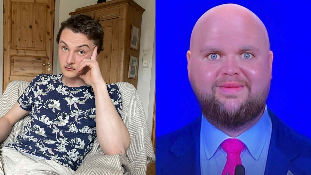Two men in a split image: left, a man in a floral shirt sitting casually; right, a bald man in a suit with a pink tie against a blue background.