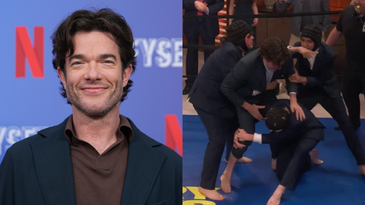 John Mulaney taking on three teenagers in suits and headgear.