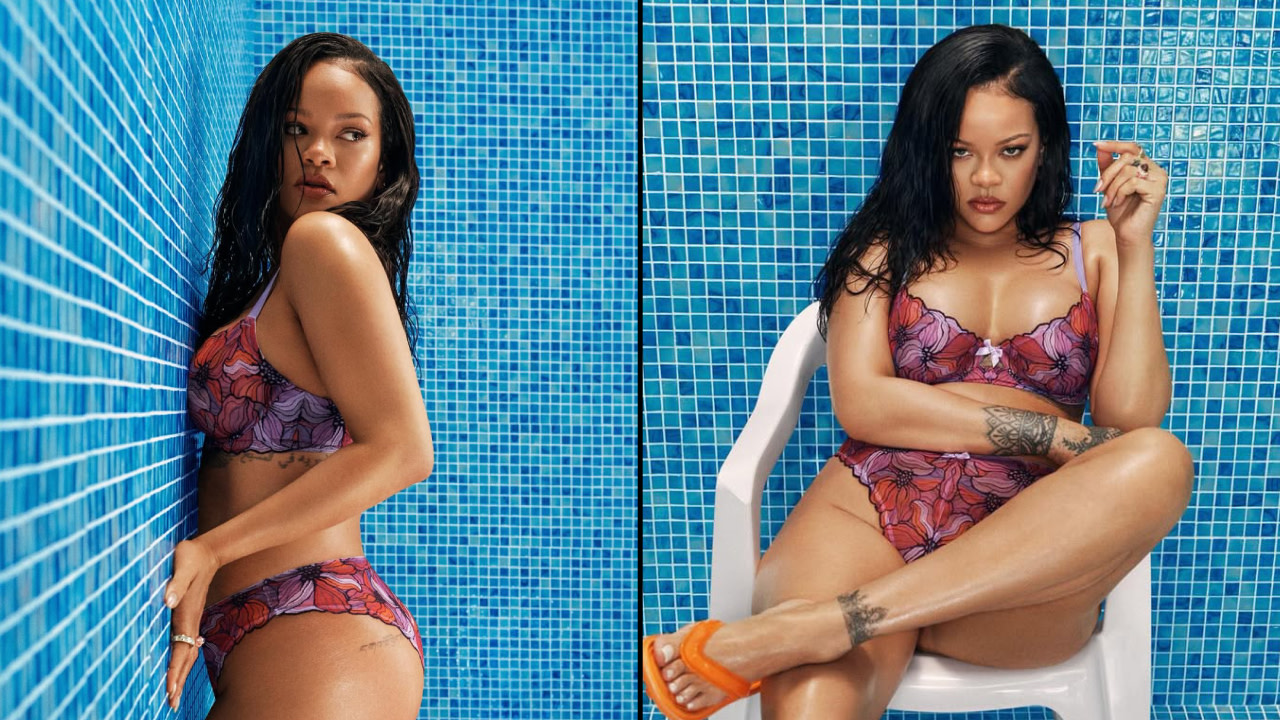 Rihanna poses in a purple patterned bikini against a blue tiled wall. In one image, she leans on the wall; in the other, she sits on a white chair.