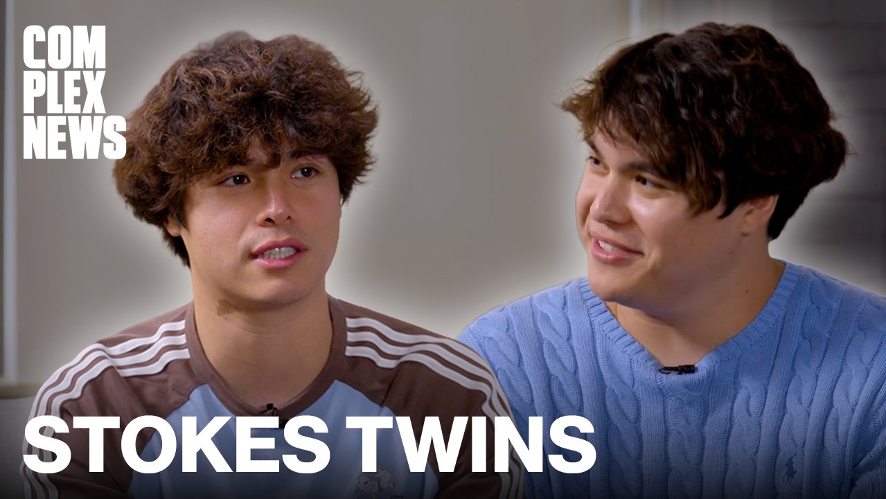 The Stokes Twins are featured in an interview with Complex News, both wearing casual outfits and smiling.