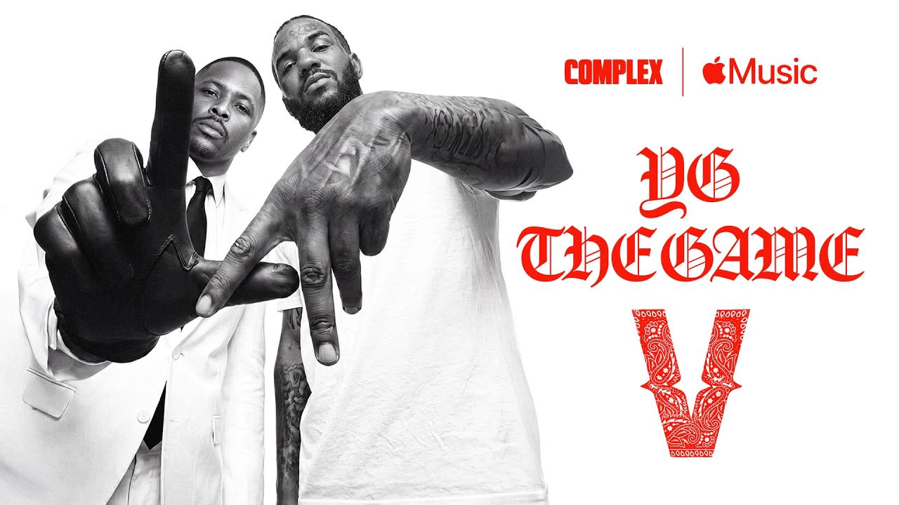 YG and The Game posing with hand gestures, promoting a collaboration with Complex and Apple Music. Black and white image.